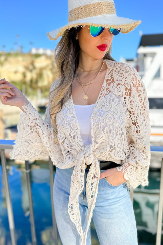 Ivory Floral Crochet Bell Sleeve Open Front Cardigan CoverUp