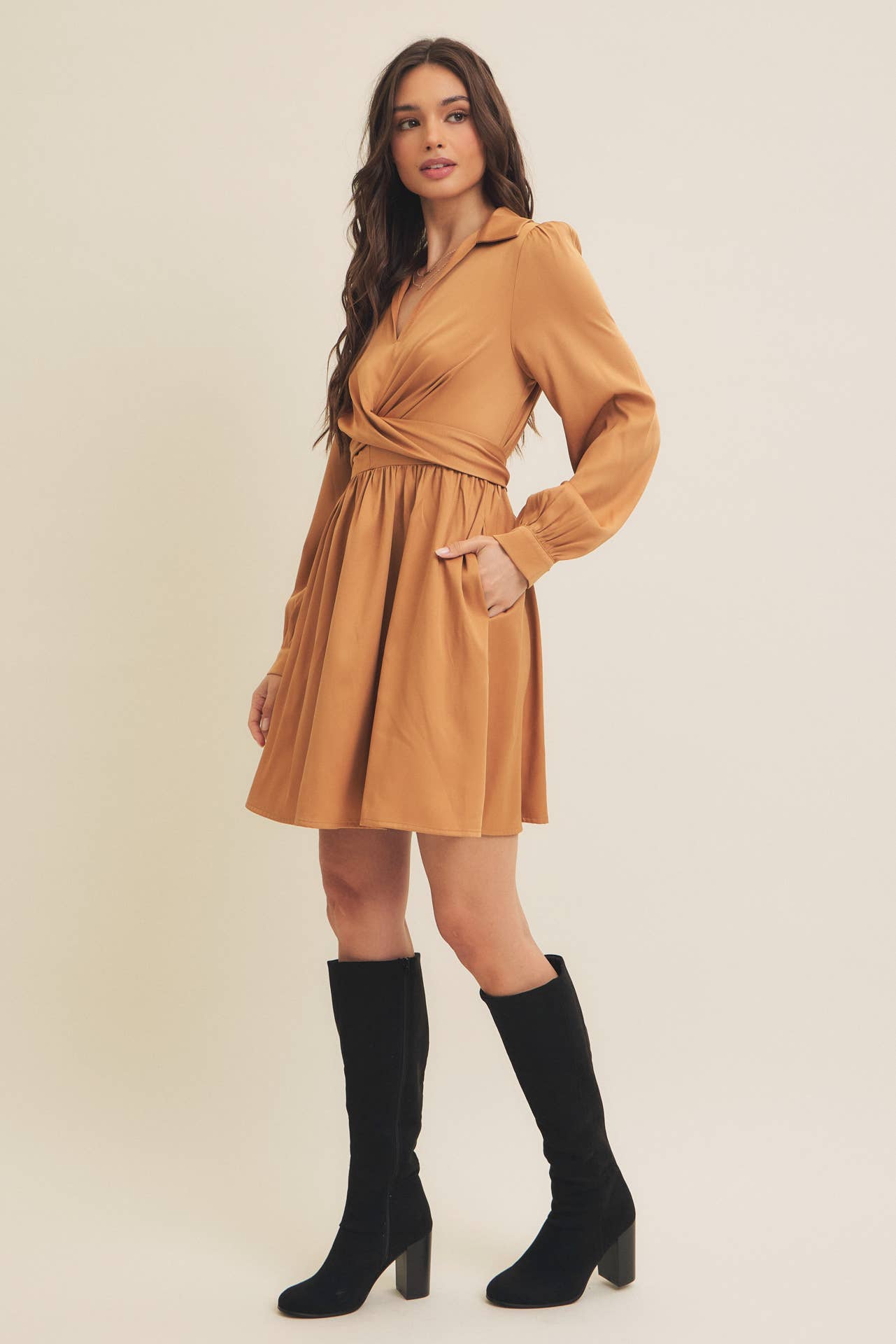 WAIST WRAP TIE TWILL MINI DRESS WITH POCKETS