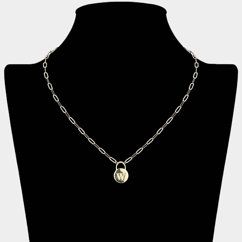Brass Metal Initial Monogram Lock Pendant Necklace
