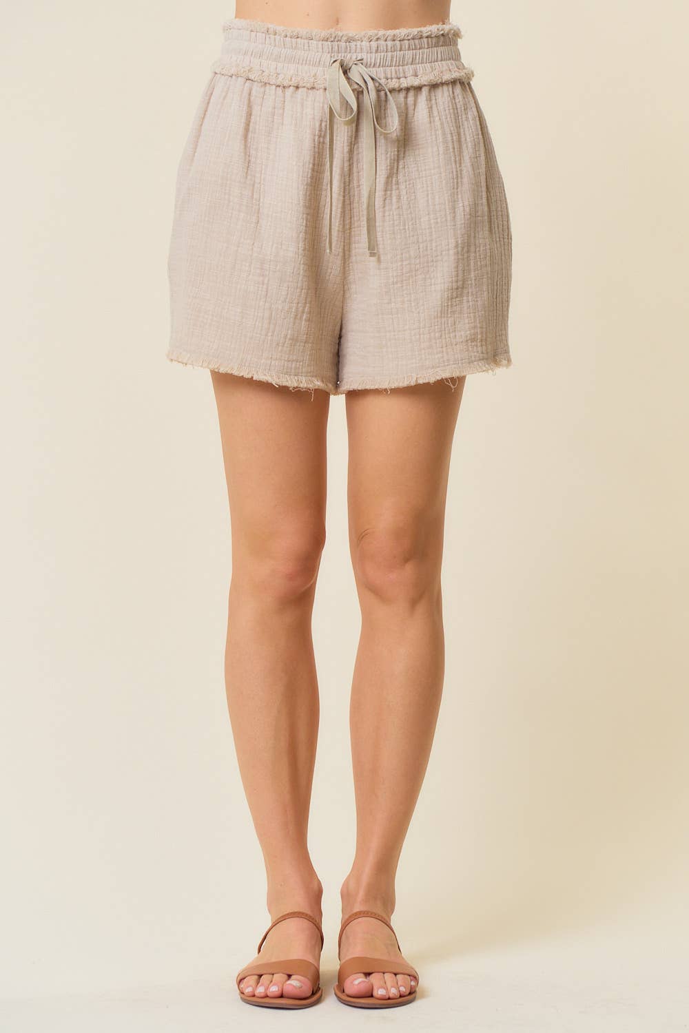 FRAYED COTTON GAUZE SHORTS W/ WIDE ELASTIC WAIST