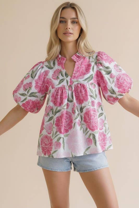 Plus Floral Frilled Puff Sleeve Blouse