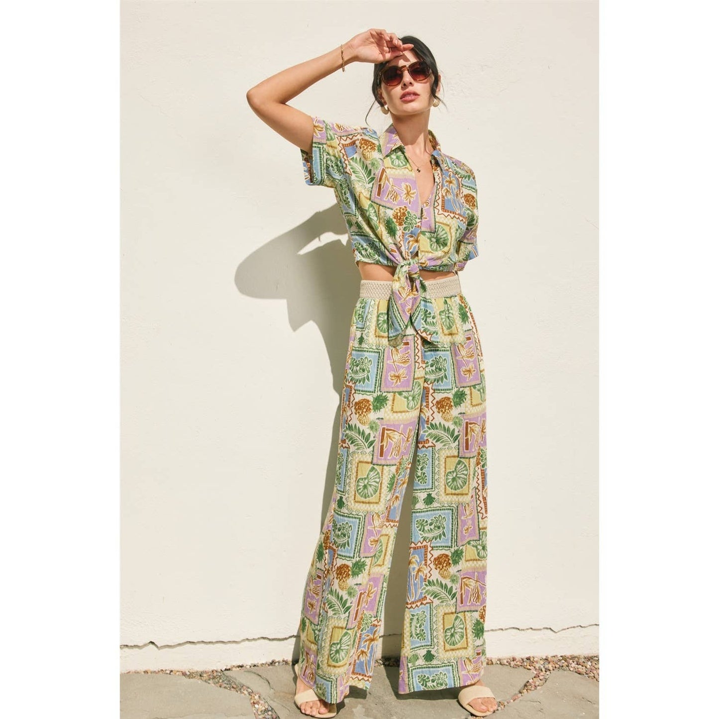 Tropical Conversational Decorative Waist Wide Leg Pants