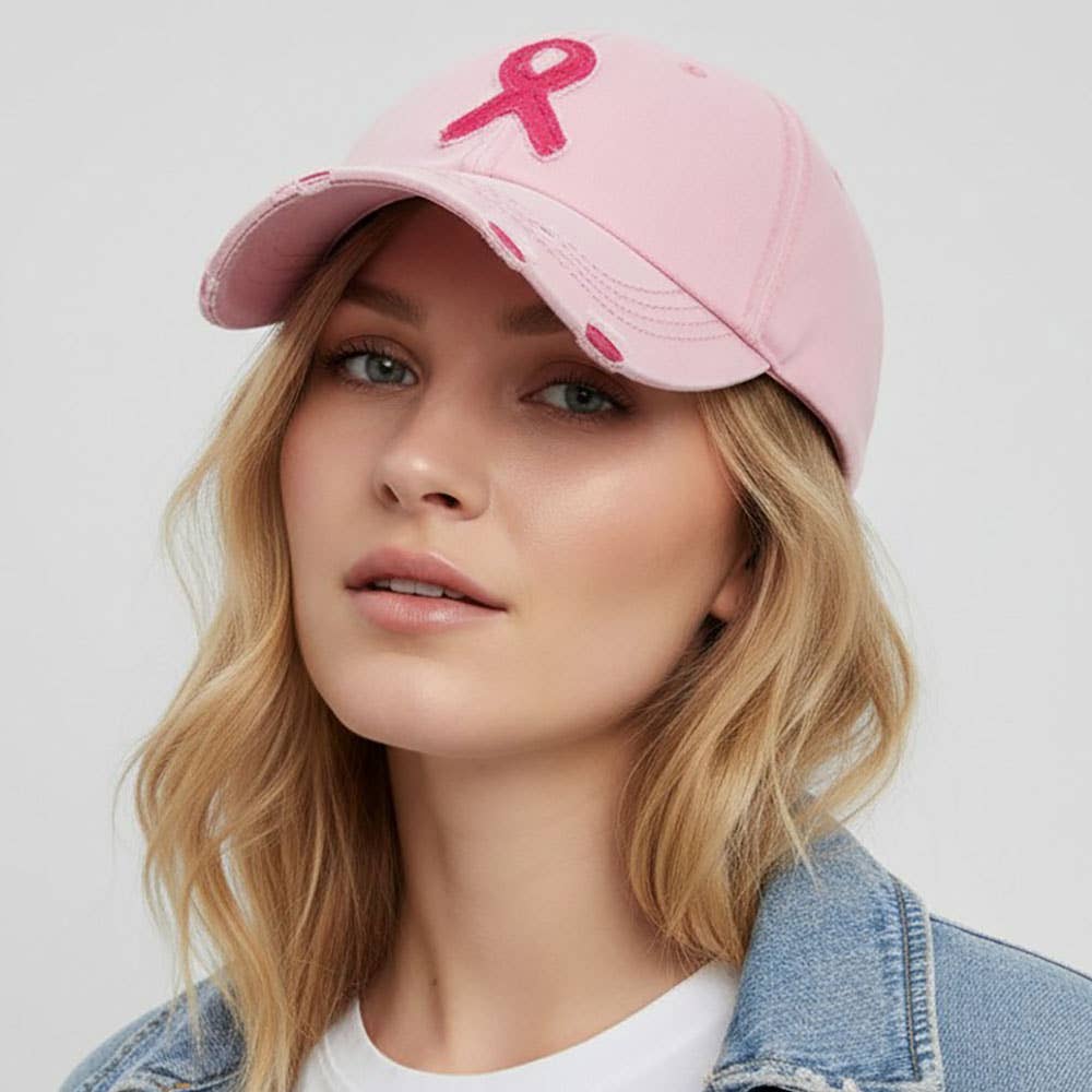 Pink Ribbon Accented Vintage Baseball Cap