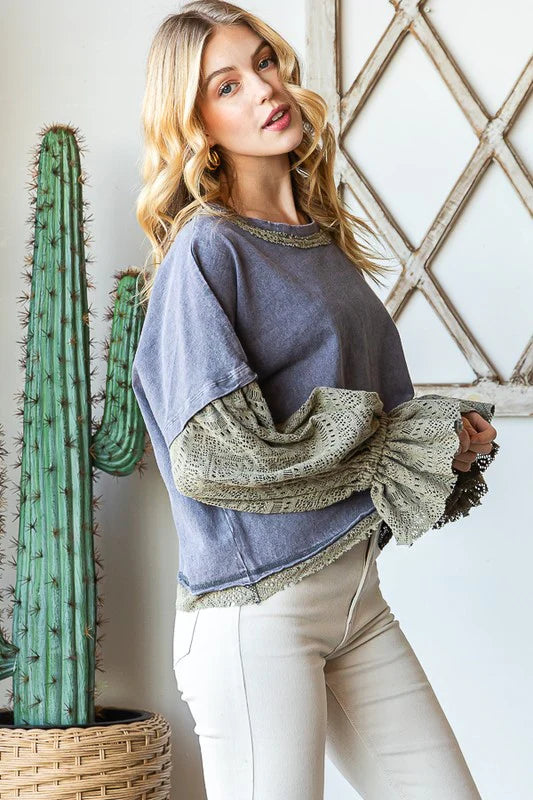 Oli & Hali Washed Lace Contrast Bubble Sleeve Top