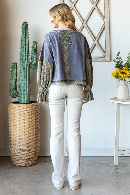 Oli & Hali Washed Lace Contrast Bubble Sleeve Top