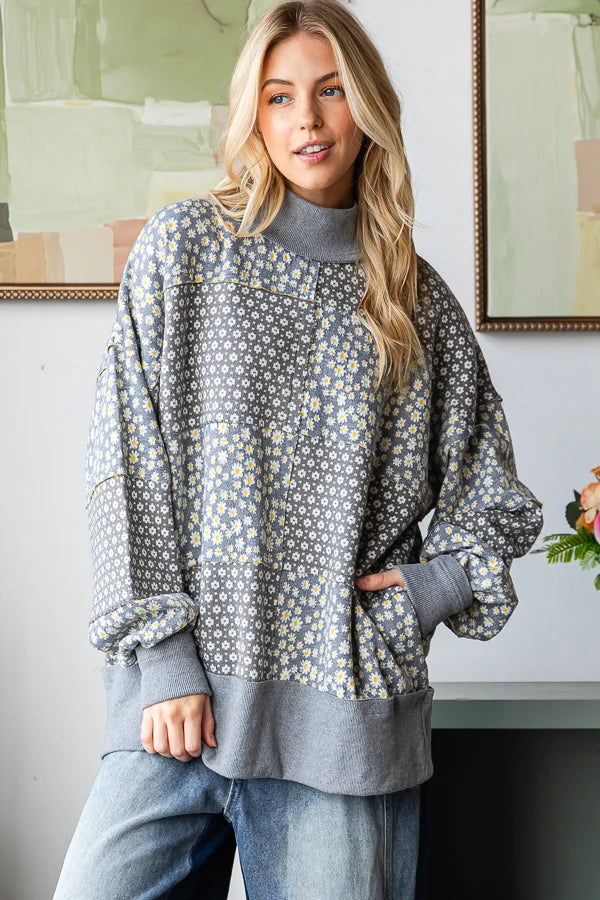 OLI & HALI FLORAL PATTERNED FUNNEL NECK LONG SLEEVE SWEATER