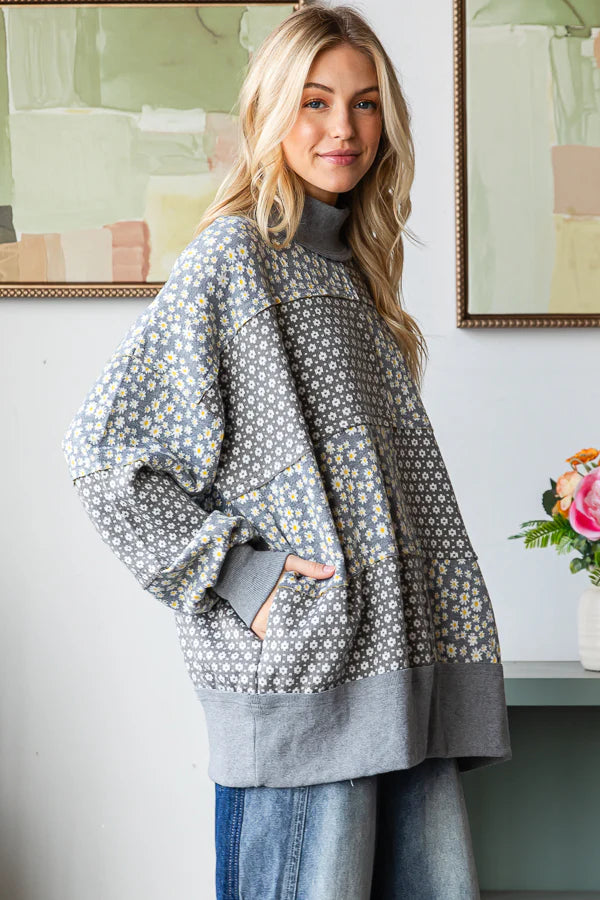 OLI & HALI FLORAL PATTERNED FUNNEL NECK LONG SLEEVE SWEATER